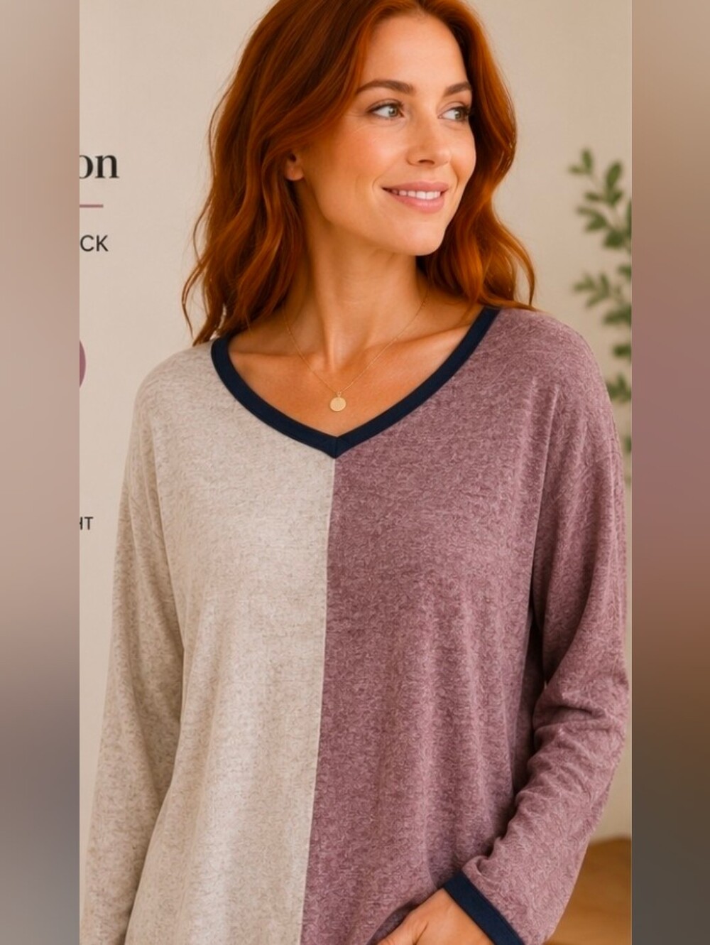Just Madison Two-Tone V-Neck Sweater with Navy Accent
